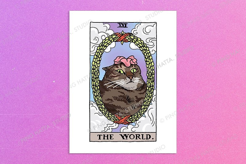 โปสเตอร์ติดผนัง ลายมีมแมว ไพ่ทาโรต์ ไพิยิปซี The World Flower Cat Meme Poster - โปสเตอร์ - กระดาษ 
