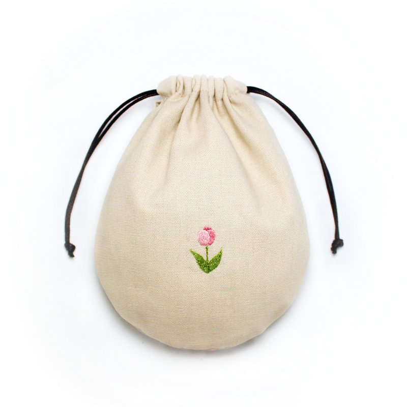 手工刺繡 粉紅鬱金香束口袋/大 - 其他 - 棉．麻 粉紅色