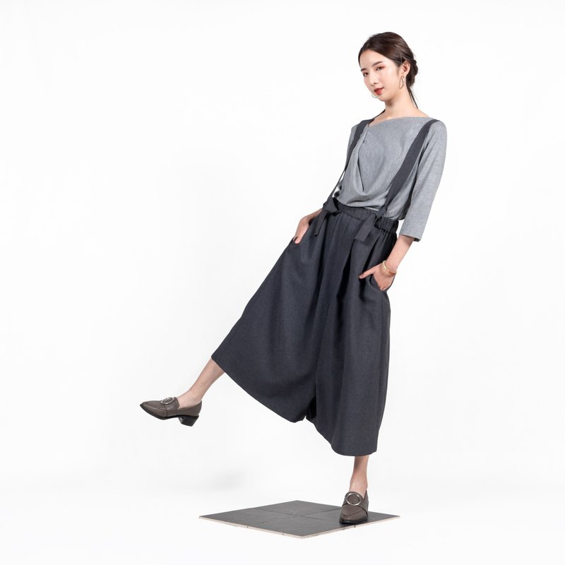 Multi-Pattern Low-Rise Pleated Wide Pants-Charcoal Grey - Overalls & Jumpsuits - Polyester Gray