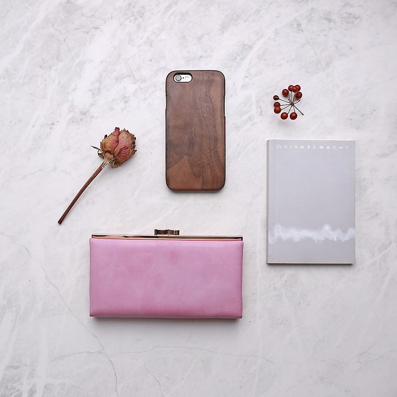 【メル]ワックスを塗った牛革シンプルな長財布パウダー - 財布 - 革 ピンク