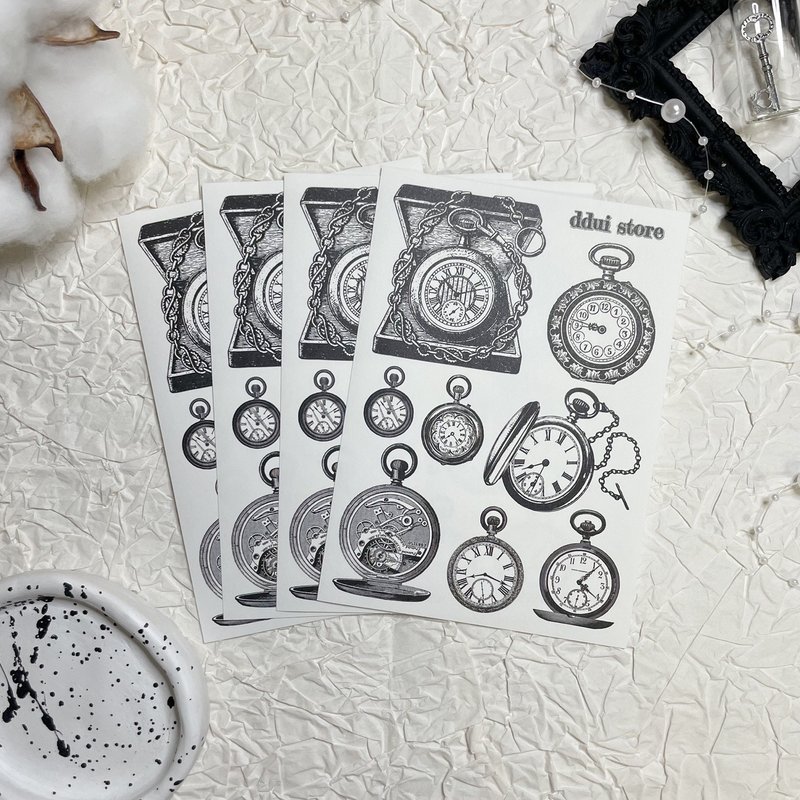 DDui store) Black White Vintage Clock Sticker - 貼紙 - 紙 白色