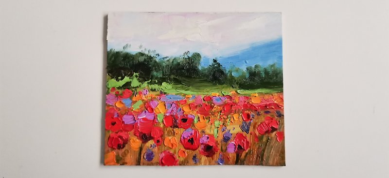 Poppy Field Painting Original Art Japan Mountain Oil Painting landscapes - Posters - Acrylic Multicolor