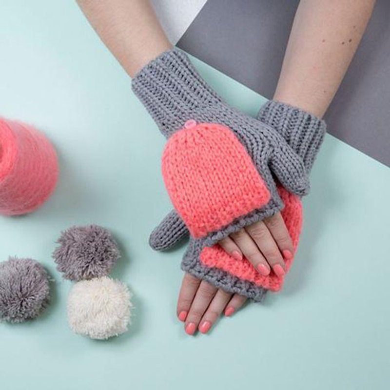 イギリス【ミスPomPomの]モヘアの指なし手袋帽子/グレーキャップ+ Fenju - 手袋 - アクリル ピンク