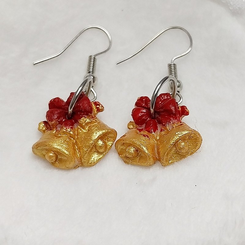 Golden Bell Christmas Earring Handmade Air Dry Clay Eco Friendly Stainless Hook - 耳環/耳夾/耳骨夾 - 黏土 金色