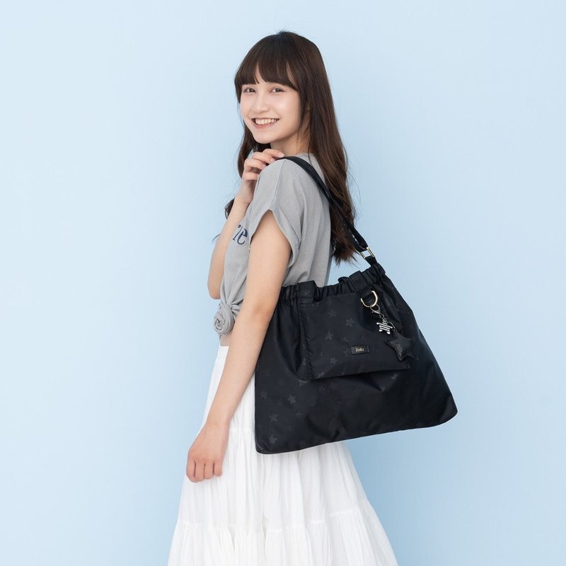 Lightweight tote bag for walking (starry sky black)_portable_side carry_crossbody_foldable - กระเป๋าแมสเซนเจอร์ - ไนลอน สีดำ