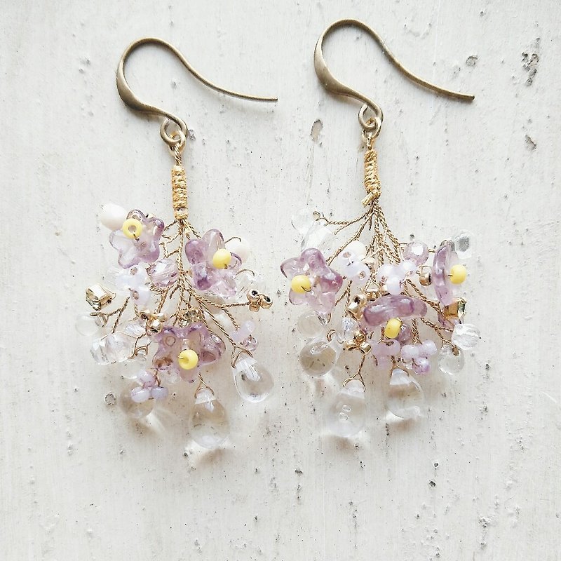 Beaded Braided Earrings Bouquet Lilac Water Drops Clip-On - Earrings & Clip-ons - Other Materials Pink