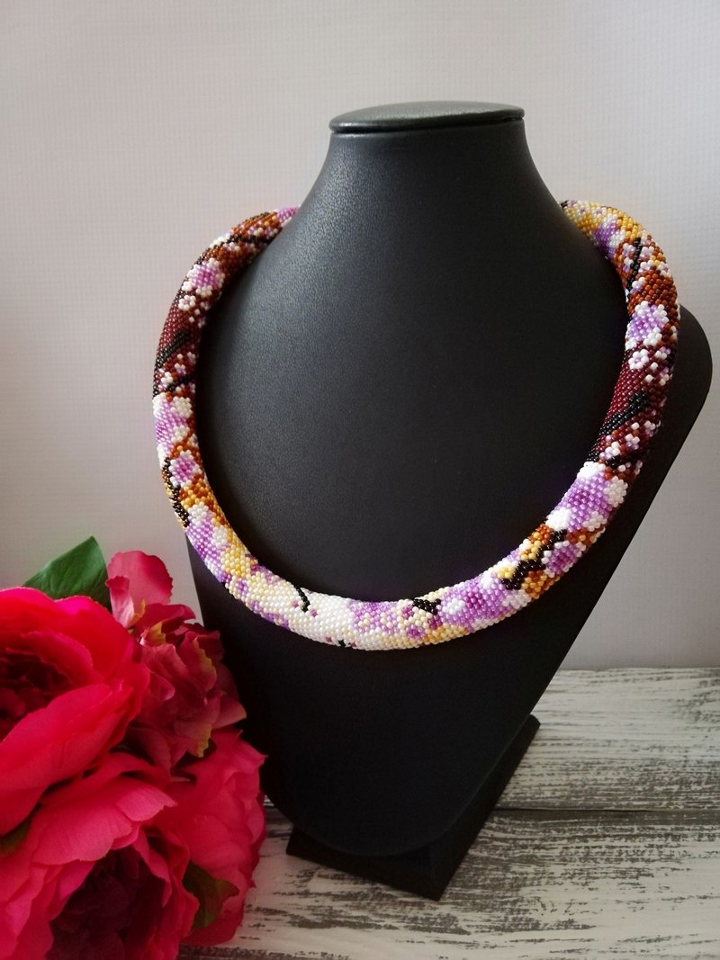 Bead Crochet Rope Necklace, Accent Handmade Beaded , Cherry blossoms - Necklaces - Glass Multicolor