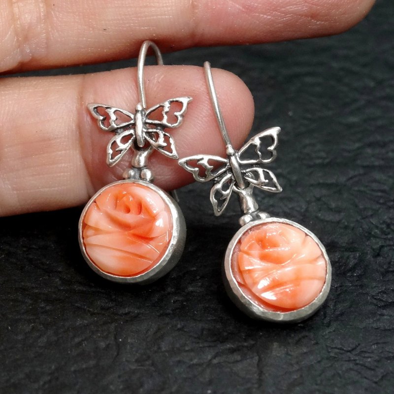 Earrings, Pink Coral, Sterling Silver, Handmade Jewelry - Earrings & Clip-ons - Gemstone 