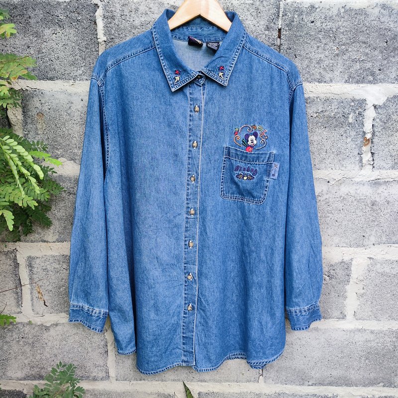 Vintage 90s Mickey Mouse Long Sleeve Embroidered Jeans Shirt Size XL - Other - Cotton & Hemp Blue