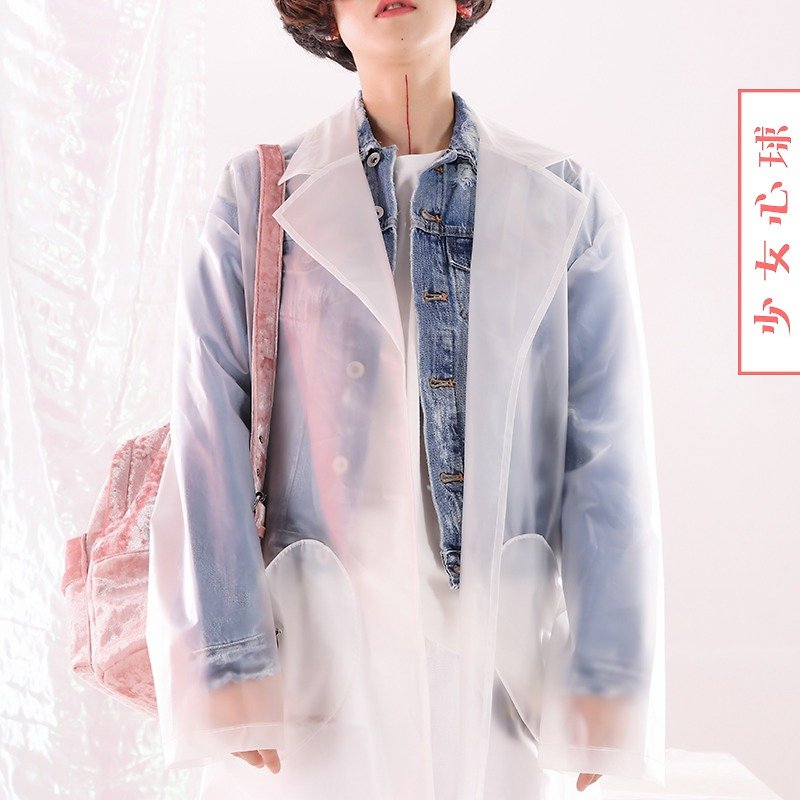 Love pockets long trench coat special TPU material raincoat translucent Japanese Harajuku windshield original jacket - เสื้อสูท/เสื้อคลุมยาว - วัสดุอื่นๆ สีใส