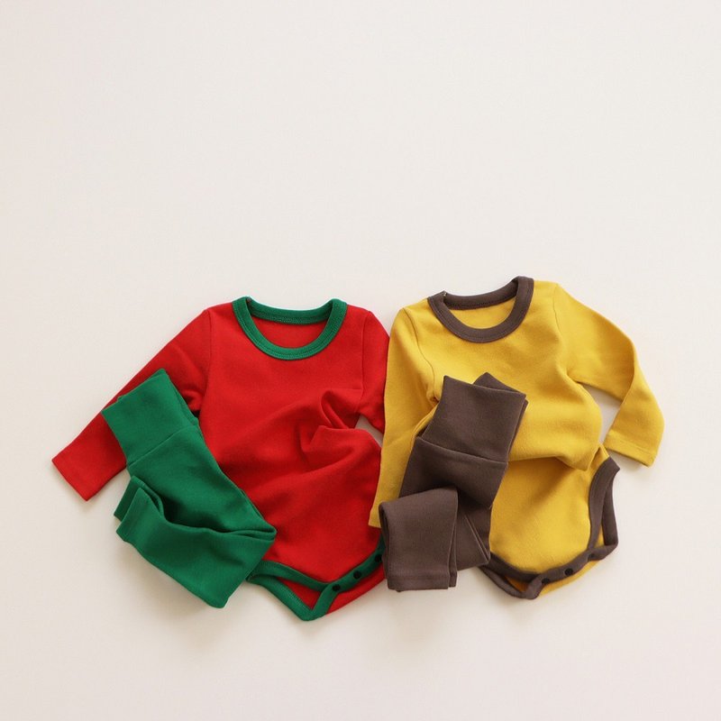 韓國紅綠/黃棕拼色厚棉連身衣套裝 •X Suit Set• - 包屁衣/連身衣 - 棉．麻 
