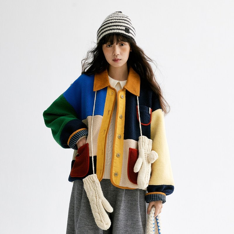 Colorblocked multi-colored plaid lamb wool coat|Coat|Two colors|Autumn and winter style|Sora-1674 - เสื้อแจ็คเก็ต - ไฟเบอร์อื่นๆ หลากหลายสี