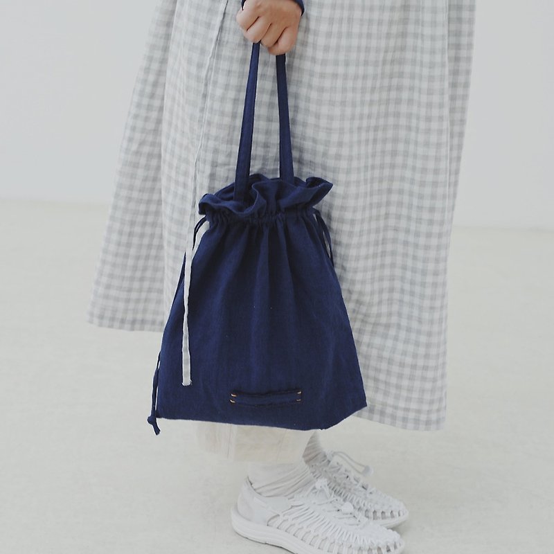 棉．麻 水桶包/束口袋 藍色 - 日本棉亞麻 抽繩束口布袋