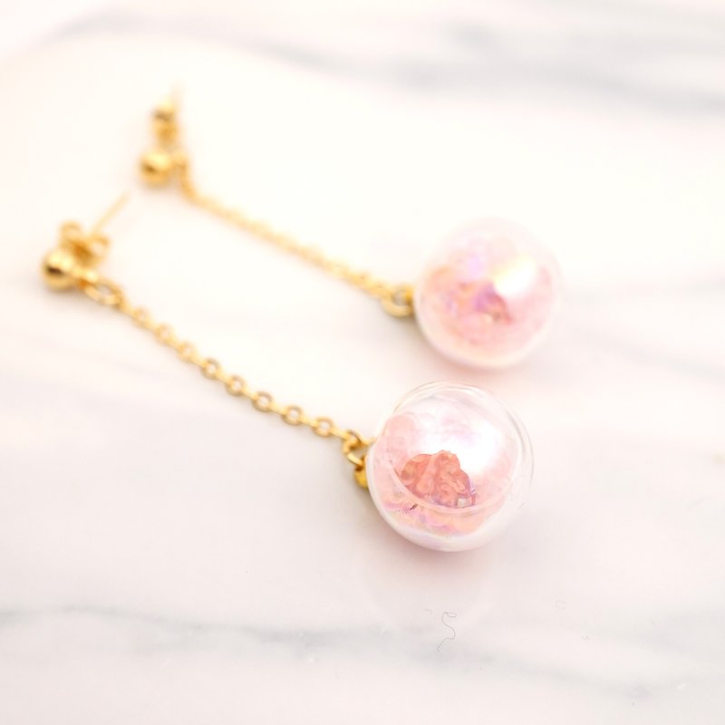 Soap Bubble with Pink Beads Glass Ball Earrings - ต่างหู - แก้ว สึชมพู
