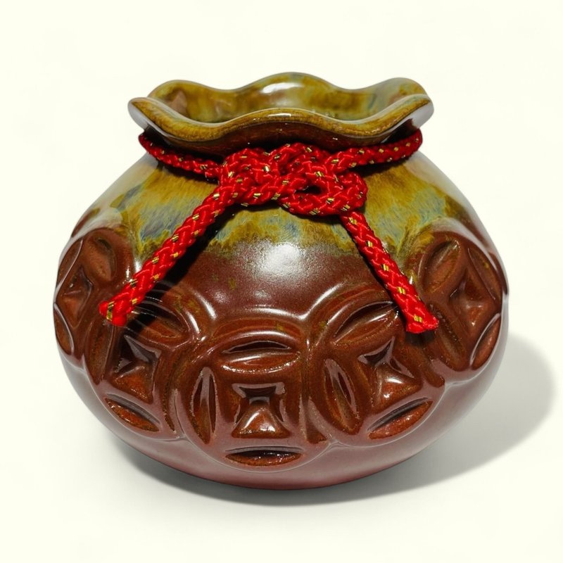 Classic Wealth-Attracting Treasure Pot – Golden Coin Chain Design - Items for Display - Pottery Red