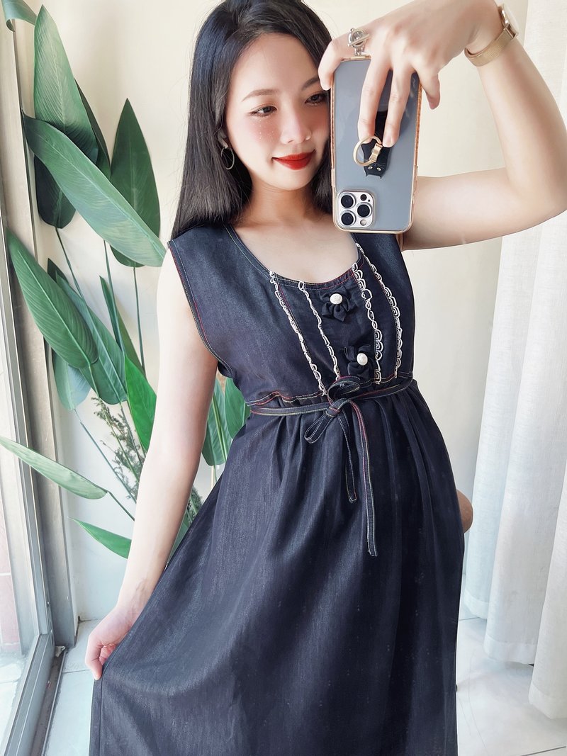 Black and blue soft cotton three-dimensional flower piping vintage dress dress vintage dress - ชุดเดรส - ผ้าฝ้าย/ผ้าลินิน สีดำ