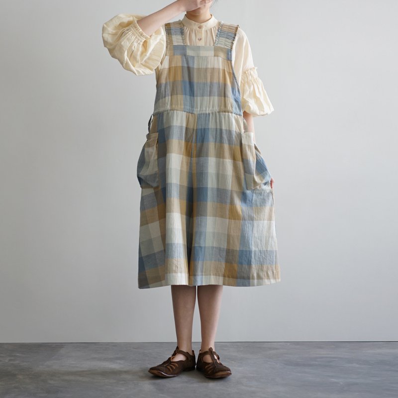 Azure-winged Magpie Overalls - 吊帶褲/連身褲 - 棉．麻 藍色
