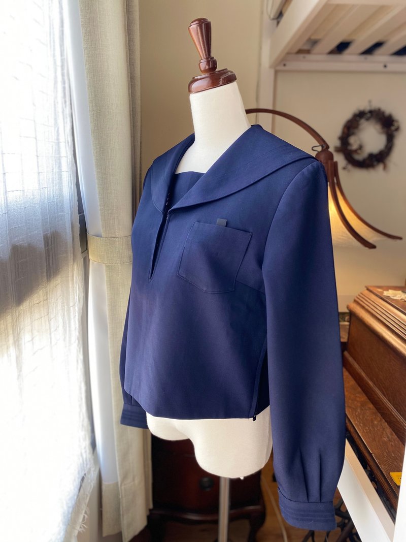 日本品牌冬季學生無襟線水手服古著上衣 - 女上衣/長袖上衣 - 聚酯纖維 藍色