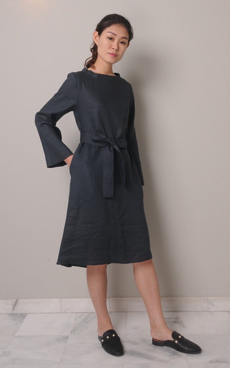 Ruffle Neck Linen Dress / Long Sleeved Linen / Ribbon Tied Back / EP-D657 - One Piece Dresses - Linen 