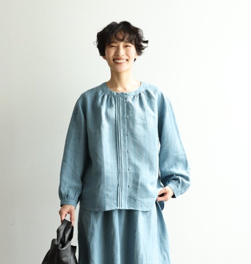 細緻條紋亞麻襯衫 100%純亞麻 先染工藝 立體針褶 清新藍240413-3 - 女上衣/長袖上衣 - 棉．麻 