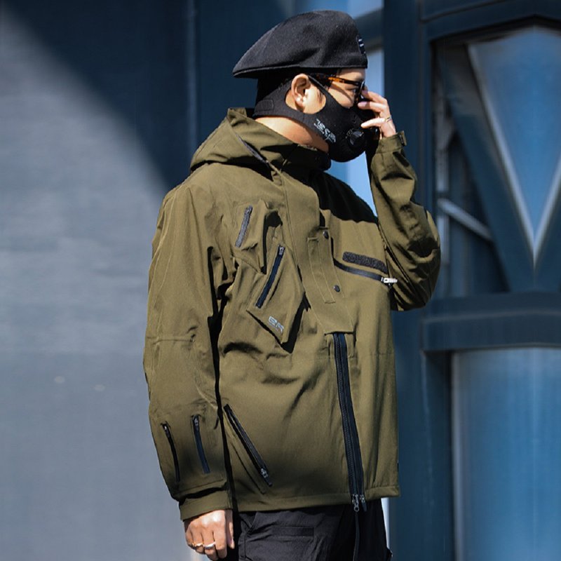 戰術沖鋒衣 工裝外套 男 機能風 寬鬆 連帽夾克 防水 - 男夾克/外套 - 防水材質 綠色