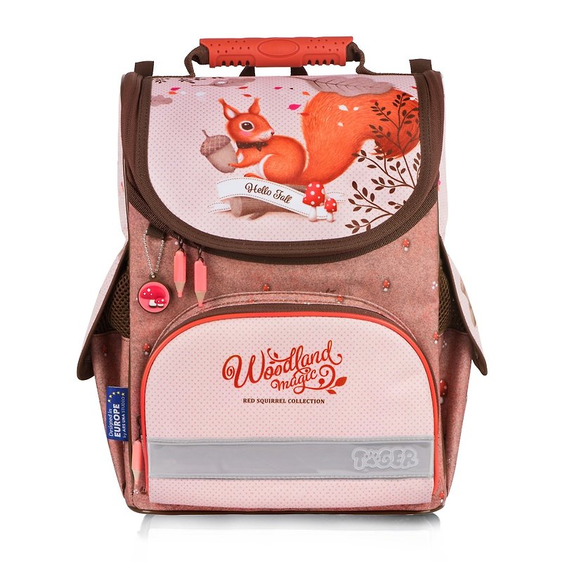 Tiger Family European Illustrator Aristocrat Ultra Lightweight Nursery School Bag + Stationery Bag + Pencil Box - Naughty Squirrel (Grade 1~2) - กระเป๋าเป้สะพายหลัง - วัสดุกันนำ้ สีส้ม
