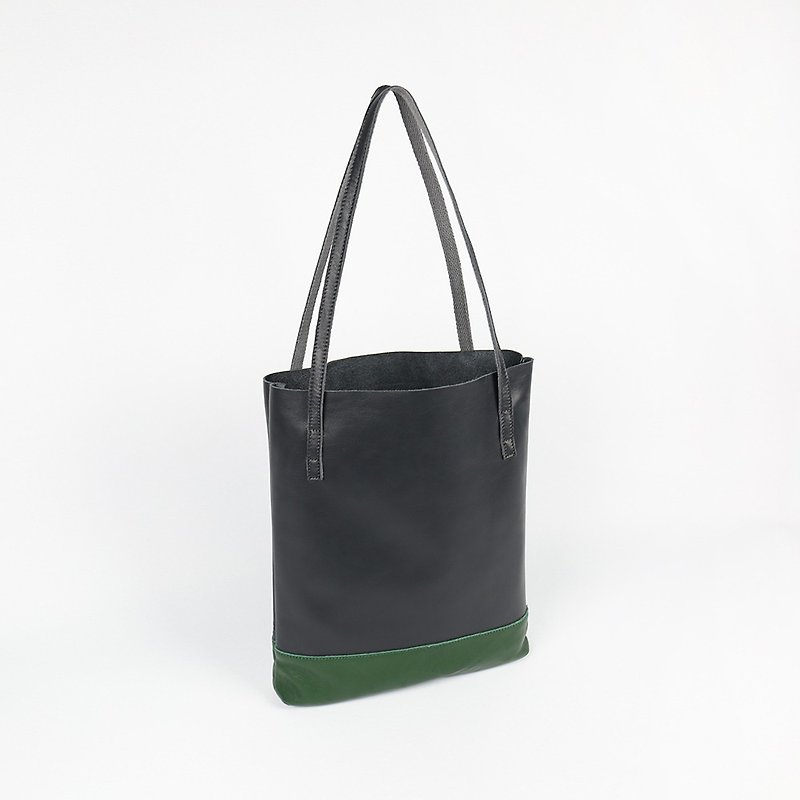 Austen Simple Classic Tote Bag - Grey x Green - กระเป๋าแมสเซนเจอร์ - หนังแท้ สีเทา
