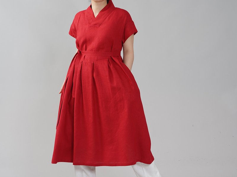 wafu 純亞麻洋裝 Midweight Linen Kimono Collar Dress / Red a084dred2 設計館