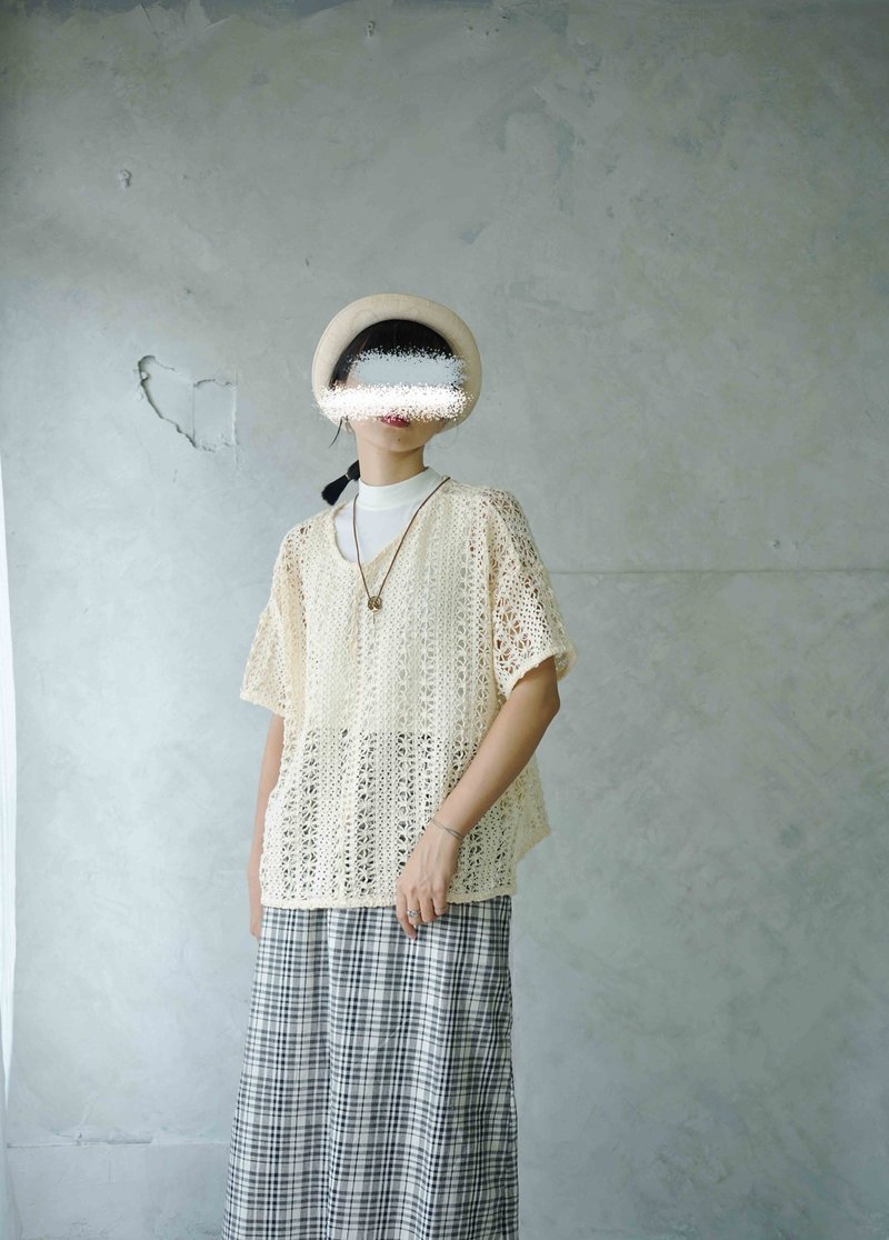 尋寶古著-奶油白簍空鉤織連袖上衣 - 女毛衣/針織衫 - 聚酯纖維 白色