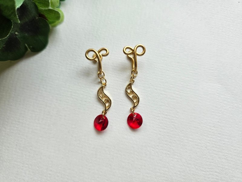 [Style] Gold, red ~ painless Clip-On, clip-on earrings, ear hooks ~ SW elements - Earrings & Clip-ons - Other Materials Gold