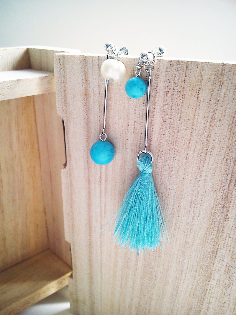 Freshwater pearl and turquoise own design tassel earrings_925 white fungus pin earrings_Long Vocation series - ต่างหู - โลหะ สีน้ำเงิน