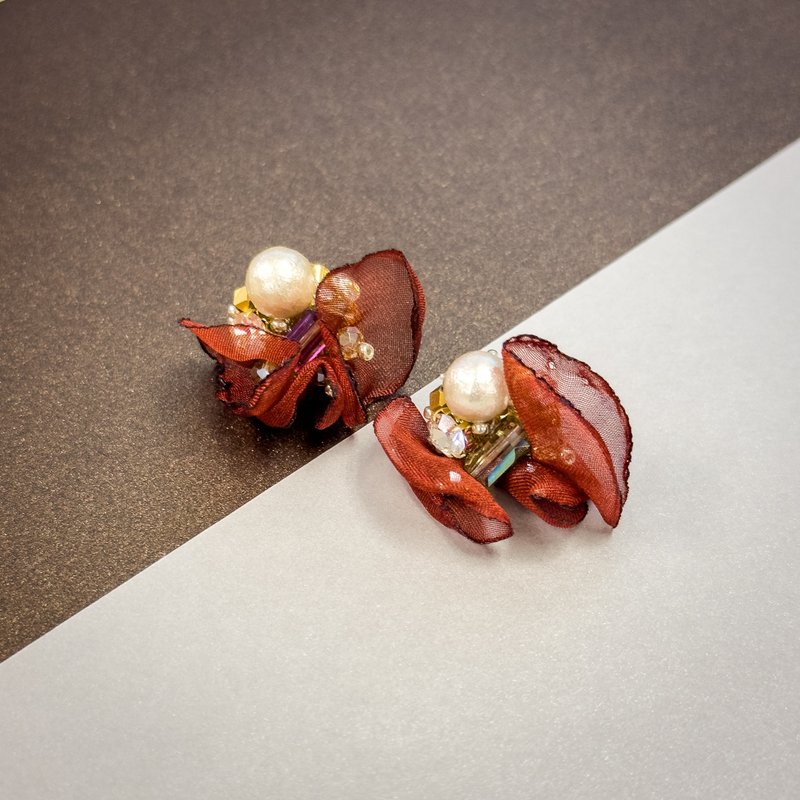 Burgundy floral cotton pearl earrings - Earrings & Clip-ons - Other Metals Red