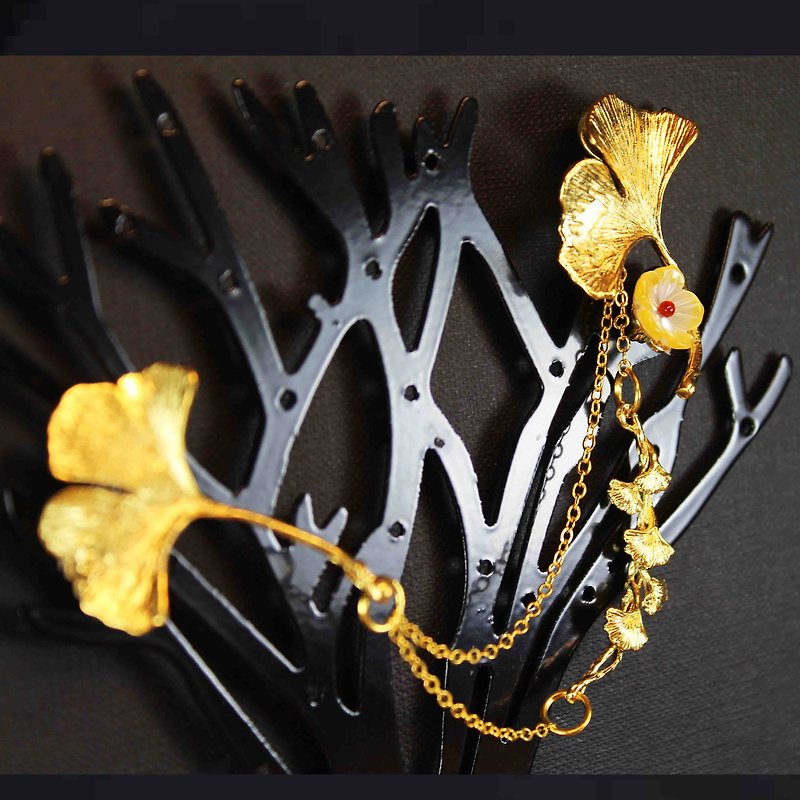 [チベット]紳士湖イチョウの黄色のリップシェルオニキスカフスボタン銅手作りブローチスーツの宝石チェーンの中国古代 - ブローチ - 金属 イエロー