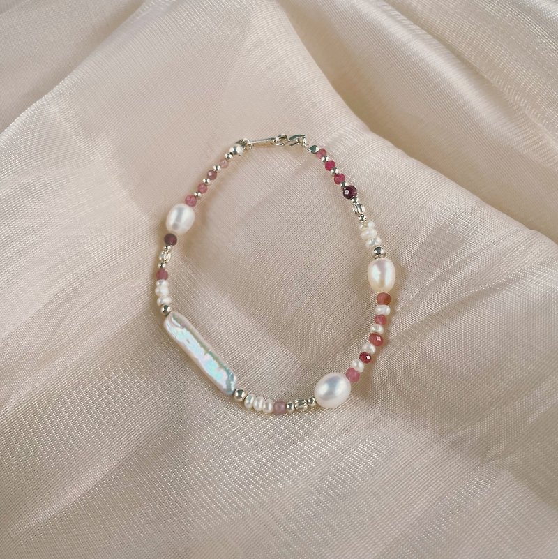 [4 colors] sparkling natural stone bracelet 925 silver powder tourmaline freshwater pearl customized jewelry - Bracelets - Semi-Precious Stones Pink