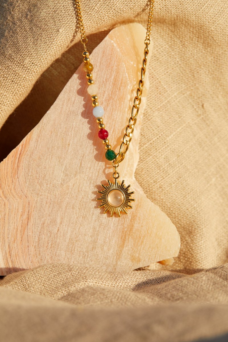 新品! ANJI 18K金 法式 天然貓眼石 太陽吊墜 頂級鍍K金 波希米亞 - 項鍊 - 不鏽鋼 黃色