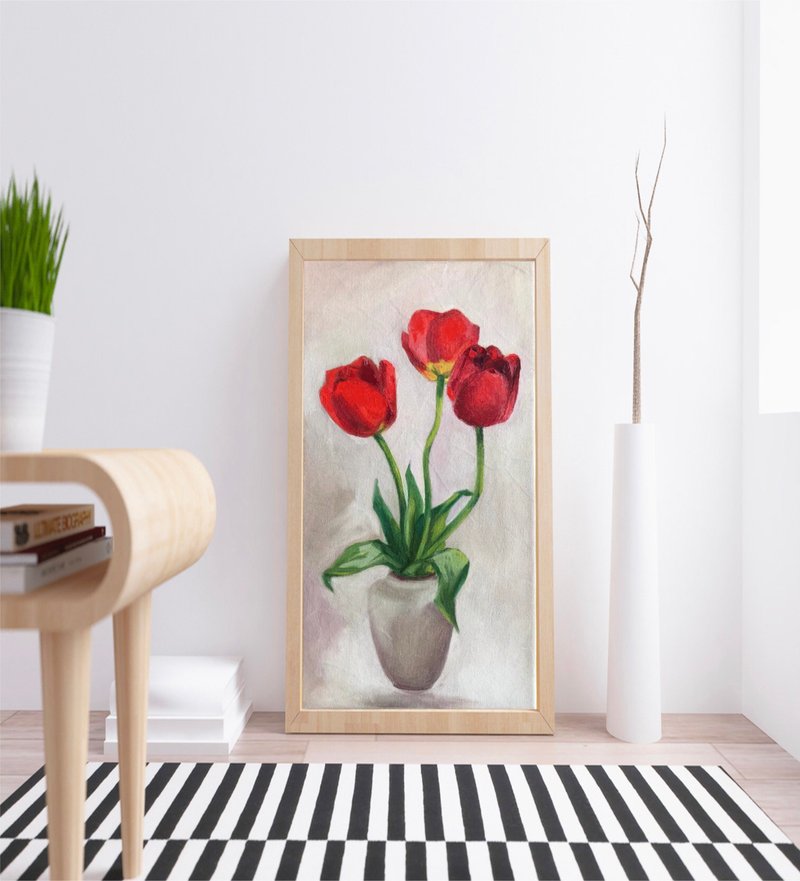 Tulip painting Bouquet in vase Original painting Oil canvas 10x20 inch long vert - Wall Décor - Other Materials Red