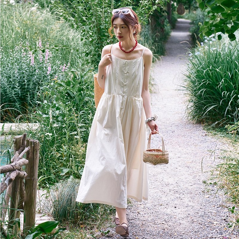 Beige literary retro suspender skirt | dress | summer style | Sora-1532 - ชุดเดรส - ผ้าฝ้าย/ผ้าลินิน ขาว