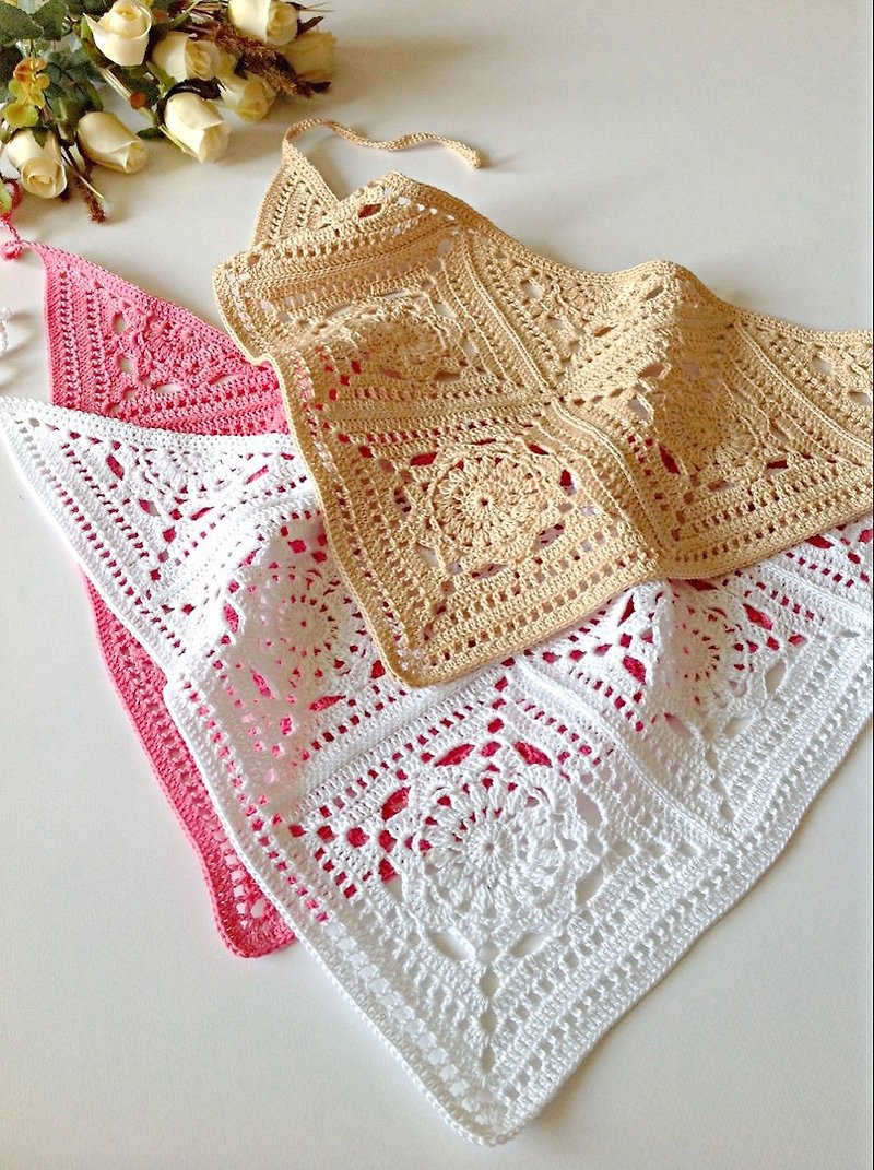 バンダナ ハンカチ 透かし編み かぎ針編み コットン ベージュ ピンク ホワイト - ヘアアクセサリー - ウール ホワイト