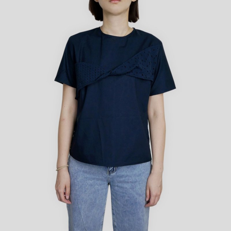 深藍色扭結短襯衫 - 女襯衫 - 棉．麻 藍色