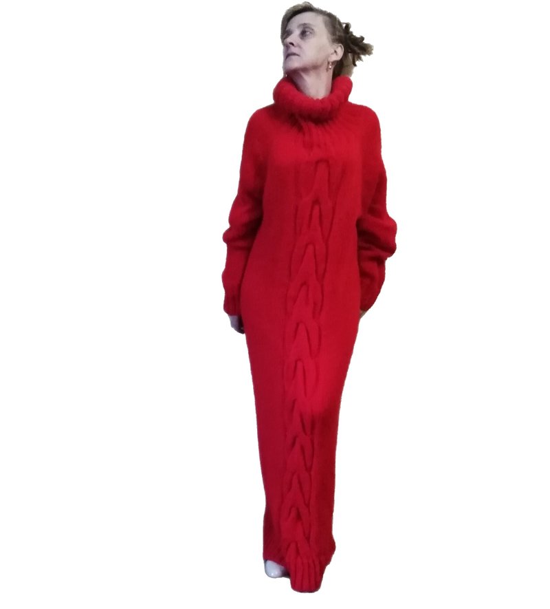 Women red warm knitted extra long dress oversized Voluminous turtleneck sweater - อื่นๆ - ขนแกะ สีแดง