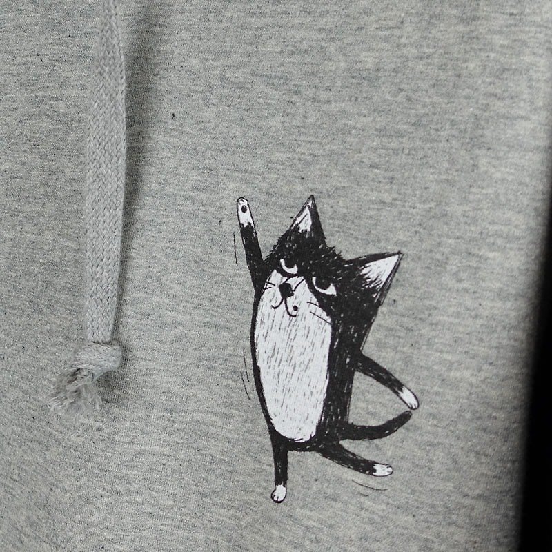 Urb. / Cat scratching cat / long-sleeved hooded pocket dress - เสื้อฮู้ด - ผ้าฝ้าย/ผ้าลินิน สีเทา