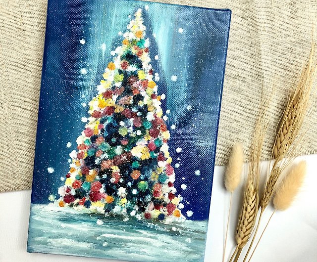 手描きクリスマスツリー油絵フレームレス絵画カラフルなクリスマス 