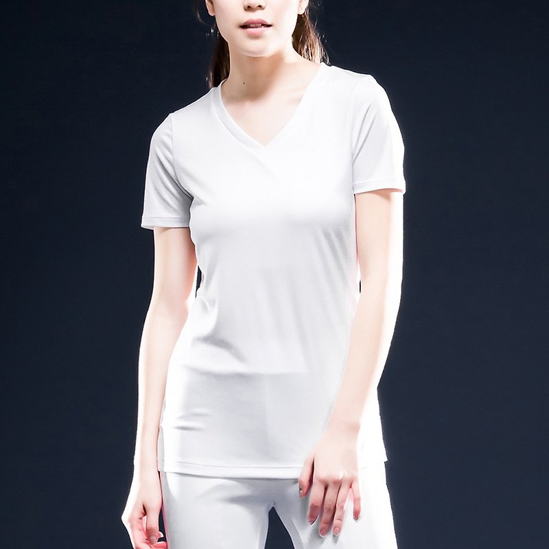 AquaTouch InstaDRY Women's 1/6 Sleeve Low-neck Slim Fit V-neck T-Shirt - White - ชุดกีฬาผู้หญิง - เส้นใยสังเคราะห์ 