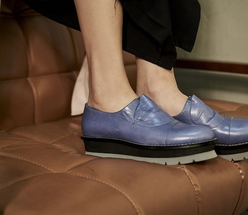 Curved tangential color block platform shoes blue - รองเท้าอ็อกฟอร์ดผู้หญิง - หนังแท้ สีน้ำเงิน
