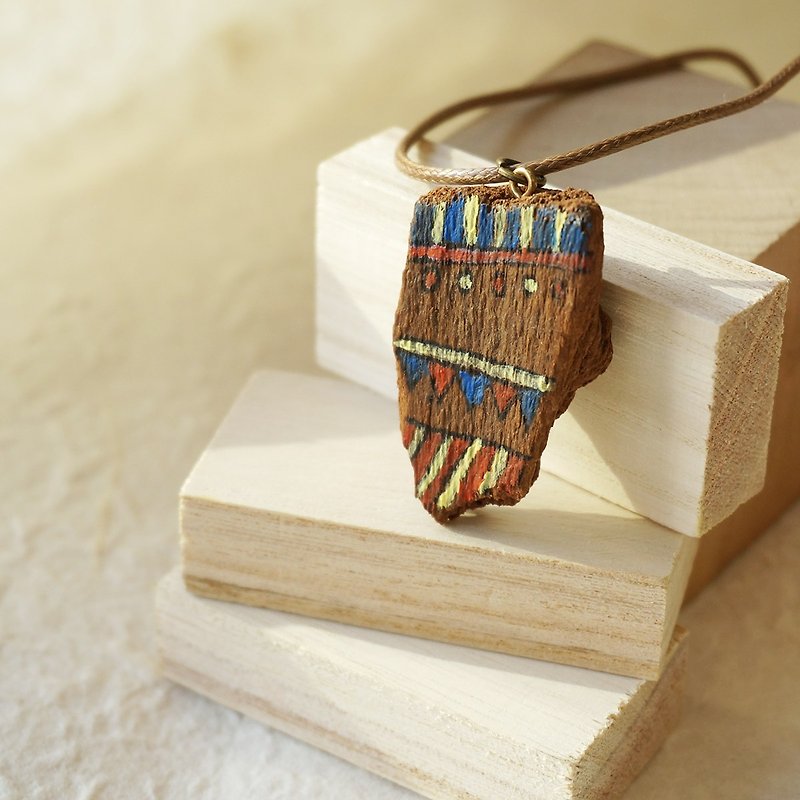Upcycling Necklace, Wood piece, Free hand drawing Eco - blue, red, yellow - Chokers - Wood Brown