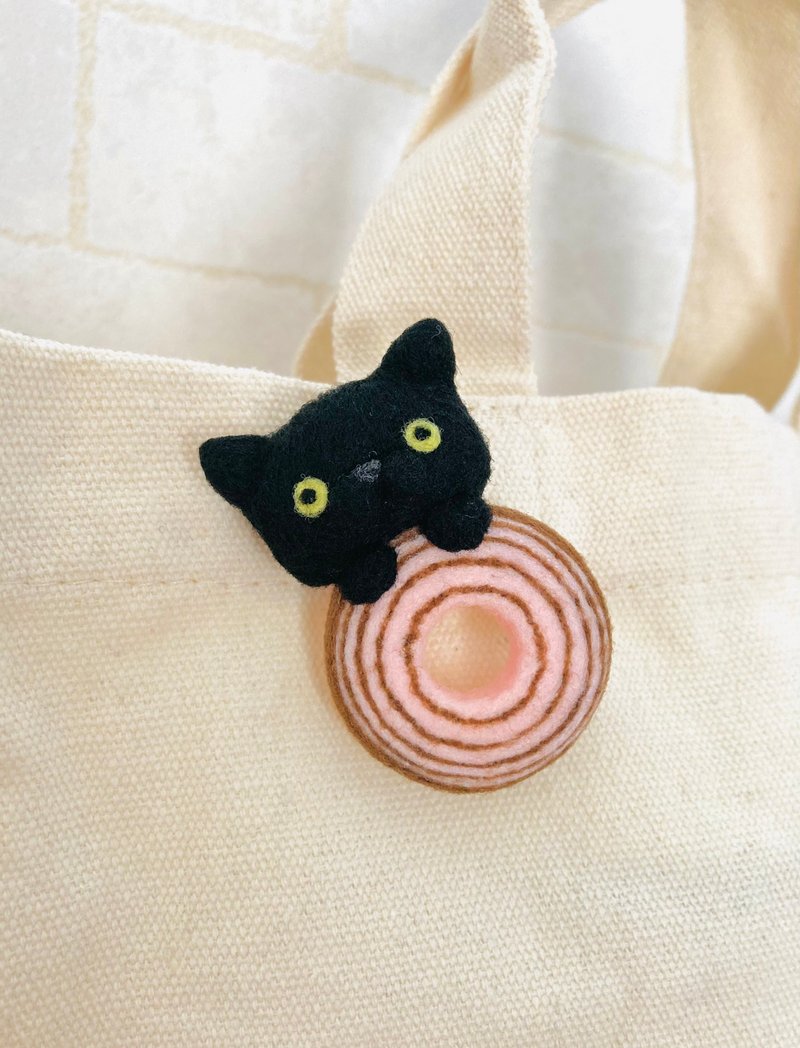 バウム猫ブローチ　黒猫 - 胸針 - 羊毛 粉紅色