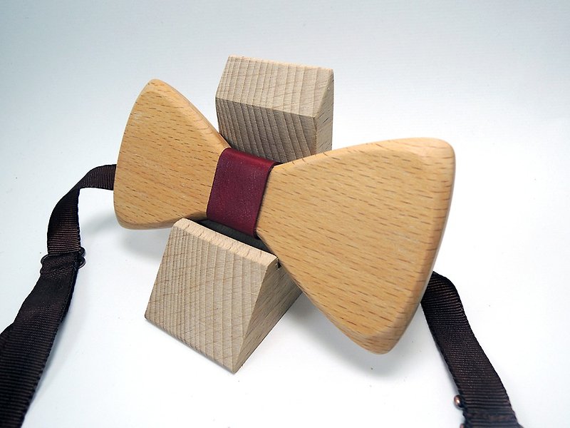 Natural Wood Bow Tie-Beech + Red Leather (Groom/Wedding/Christmas/Formal/Valentine's Day) - Ties & Tie Clips - Genuine Leather Red