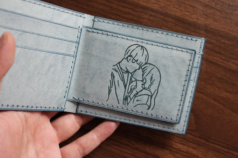 [Customized] Six-card short Silver three-layer wallet/portrait painting/Yan Sihua - Wallets - Genuine Leather Blue