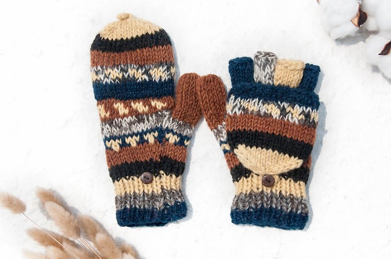 Hand-knitted pure wool knit gloves / detachable gloves / inner bristled gloves / warm gloves - Sala Desert - Gloves & Mittens - Wool Multicolor