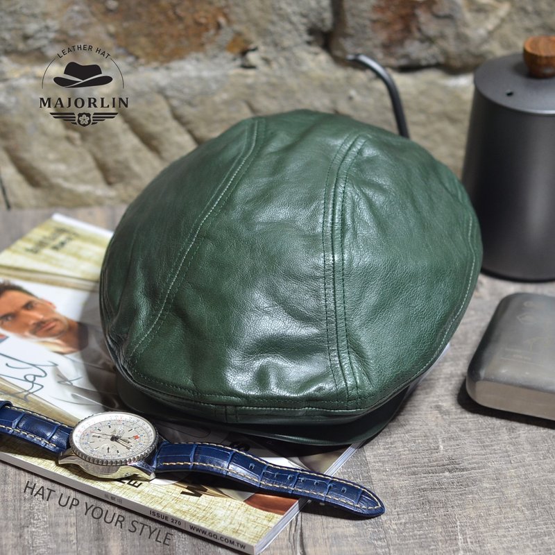 Leather peaked cap Father's Day gift green sheepskin hunter hat hand-made leather hat - หมวก - หนังแท้ สีเขียว